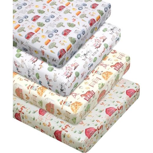 4 Pcs Farm Animals Crib Sheet Set Newborn Bedding Nursery Baby Sheets for Girl Boys Baby Gifts for Standard Crib and Toddler Mattresses, 52 x 28 x 8 Inches