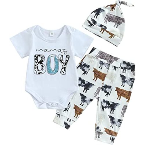 Karuedoo Newborn Baby Boy Western Clothes New to The Herd Romper Cow Print Pants Hat Set 3Pcs Coming Home Outfits
