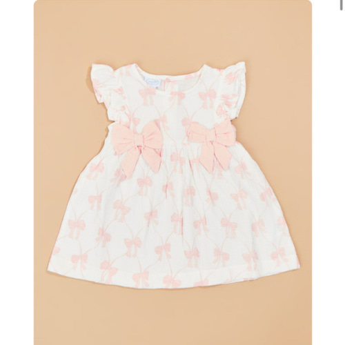 Marueen Bow Print Dress by Mud Pie in White & Pink | Tullabee