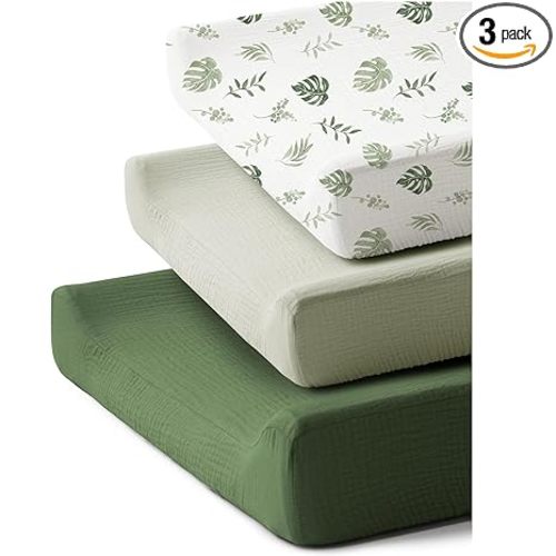 Coreeky 3 Pack Muslin Changing Pad Covers for Girl, Boy, 100% Soft Cotton Changing Table Cover, Breathable Baby Nursery Diaper Chang Pad Sheets (Leaf)