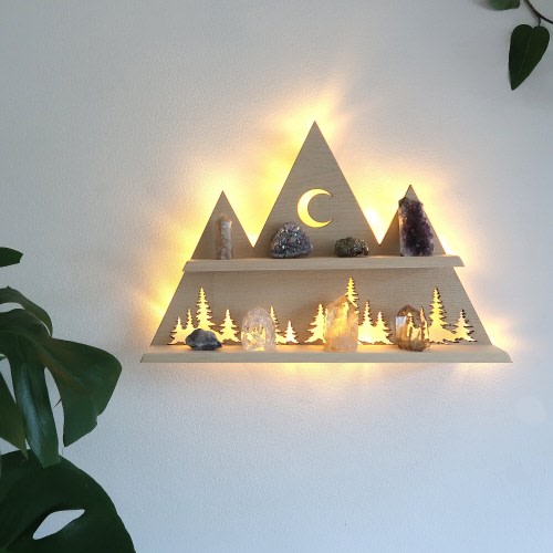 Coppermoon Mountain and Forest Moon Lamp - Light Wood Mountain Crystal Shelf, Mountain Wall Art, Mountain Decor, Wood Shelf, Led Wall Lamp