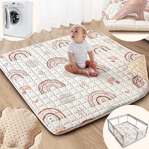 Baby Play Mat, 50x50 Playpen Mat with Super Soft Touch, Activity Mat with Upgraded Anti-Slip Bottom, Machine Washable Crawling Mat for Floor & Picnic(Boho Rainbow)