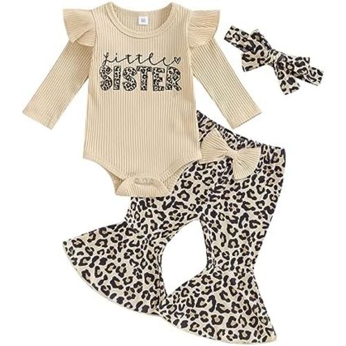 Kuriozud Newborn Baby Girl Bell Bottom Outfit Ruffle Romper Cute Bow Flare Pants Set Headband Cute Clothes