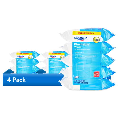 (4 pack) Equate Flushable Wet Wipes, Fresh Scent, 240 Wipes (5 Pack), Compare to Cottonelle®