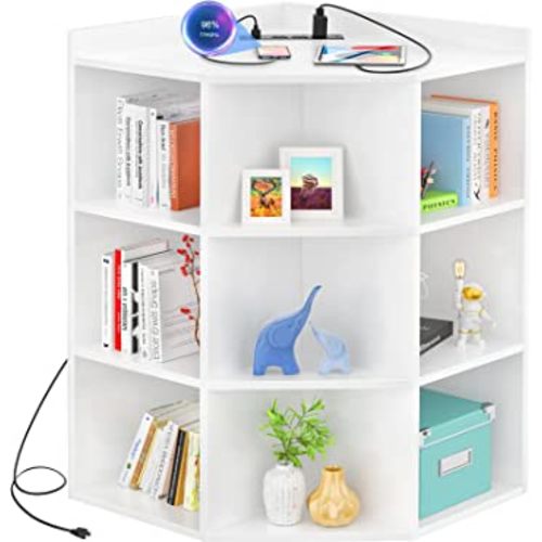 Aheaplus Corner Cabinet, Corner Storage with USB Ports and Outlets, Wooden Cubby Corner Bookshelf with 9 Cubes for Small Space, Corner Cube Toy Storage for Bedroom, Living Room, Office, White