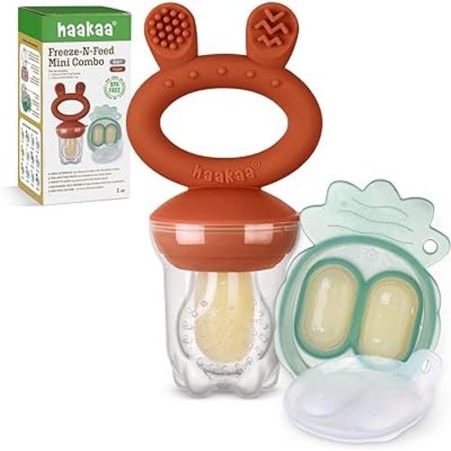 Haakaa Baby Fruit Food Feeder & Mini Freezer Nibble Tray Combo, Breastmilk Popsicle Molds for Baby Cooling Relief, BPA Free Silicone Feeder for Safe Infant Self Feeding, 4 Month+ (Copper)