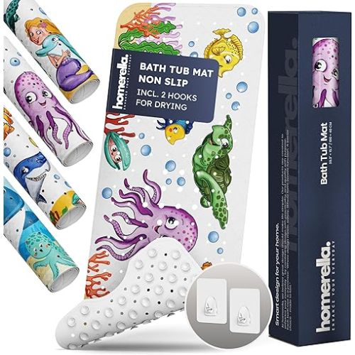 Bath Tub Mat Non Slip Anti Mold for Kids BPA Free INCL Hooks - homerella® Ocean Sea Animals 40x16, Baby Bath Mat Non Slip 200 Suction Cups, Non Toxic Machine Washable Toddler Bath Mat, EU Certified