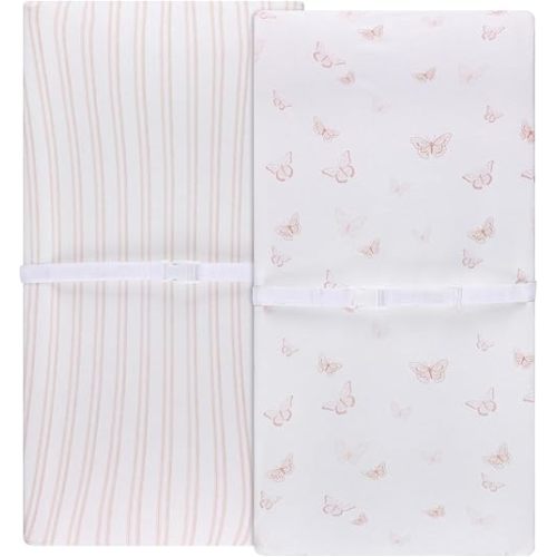 Ely's & Co. Changing Pad Cover - Cradle Sheet Set 2 Pack 100% Jersey Cotton for Baby Girl Pink Butterflies + Stripes