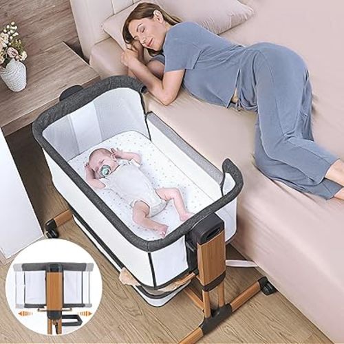 Ezebaby 3-in-1 Baby Bassinet, Rocking Baby Bassinets Bedside Sleeper, Adjustable Portable Crib for Newborn Infant with Wheels Storage Basket and Mesh Sides