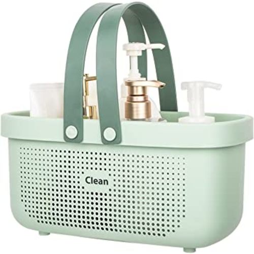 JiatuA Plastic Storage Basket with Handle Portable Shower Caddy Tote Organizer Basket Bin for Bathroom Kitchen Dorm Room Bedroom (Large, Green)