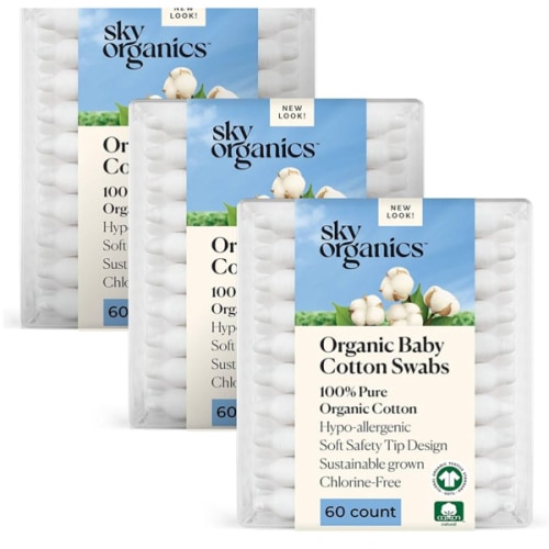 Sky Organics - Organic Baby Cotton Swabs, 180 ct. - Ultra Soft Baby Safe Tips - Strong & Durable - Hypoallergenic - Chlorine Free - Natural, Vegan & Cruelty Free - Skin Care & Baby Care