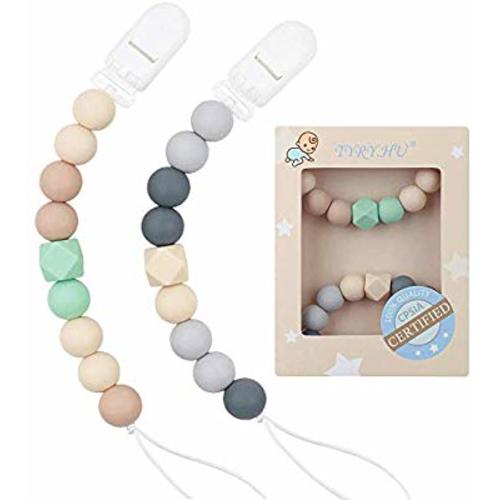 Pacifier Clip Baby Boys Silicone Paci Clip Teething Relief Teether Toy Soothie Binky Holder BPA Free Chewbeads Birthday Christmas Shower Gift Set of 2 (Beige, Grey)