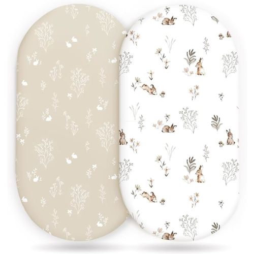 GRSSDER Stretch Ultra Soft Fitted Bassinet Sheet Set 2 Pack, Universal Fit for Bassinets Baby Cradle Moses Basket Oval Rectangle Mattress Safe and Snug, Stylish Watercolor Rabbit Pattern