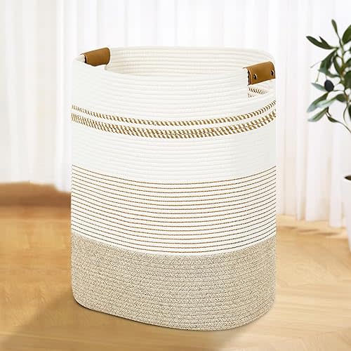 Laundry Basket with Handles - Blanket Basket & Hampers for Bedroom Aesthetic, Laundry Hamper & Blanket Storage for Living Room, Clothes Hamper, Tall, Large 17" x 14" x 22”, Light Brown & White