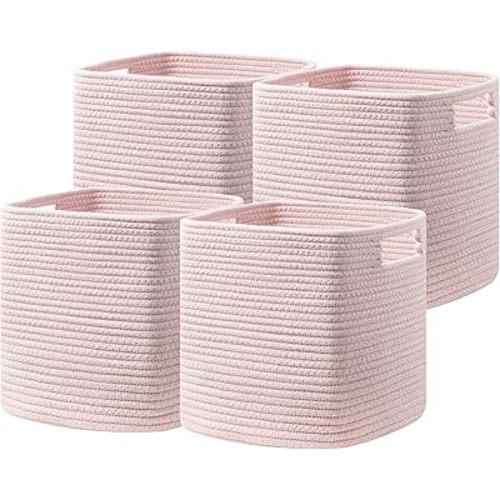 UBBCARE Set of 4 Storage Basket-12 X 12 X 12 in, Cotton Rope Basket for Shelves, Toys, Book, Cube Storage Bins with Handles, Woven Storage Basket for Organizing, Pink