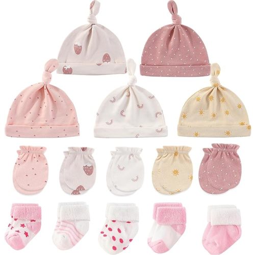 MAMIMAKA Baby Caps Mittens and Thick Warm Socks Cotton Newborn Essentials Accessories (Hats+Gloves+Terry Socks),0-6 Months - Set-9