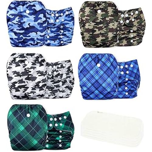 wegreeco Cloth Diapers 5 Pack with 5 Inserts, Washable Cloth Diapers for Babies, One Size Adjustable Reusable Diapers Baby (Camo & Plaid)