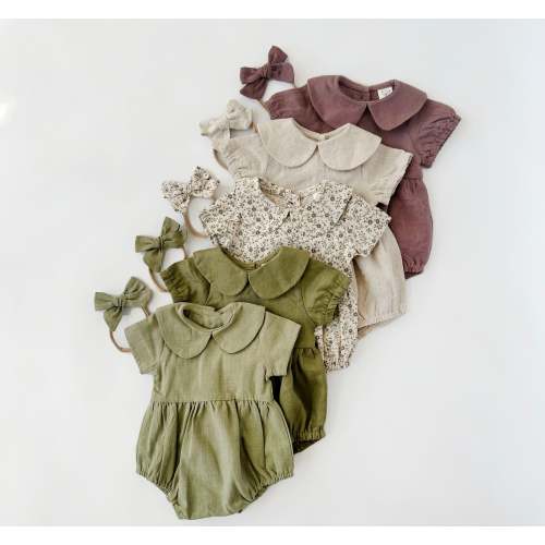 Peter Pan Collar Linen Bubble Romper + Bow | Allie – Olive and Cradle