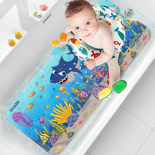 XIYUNTE Baby Bath Mat for Kids, 40x16 Inches Extra Long Baby Bath Mat Non Slip, Upgrade Cartoon Kids Bath Mat for Tub Non Slip Shower Mat with Suction Cups & Drain Holes, Machine Washable, Shark