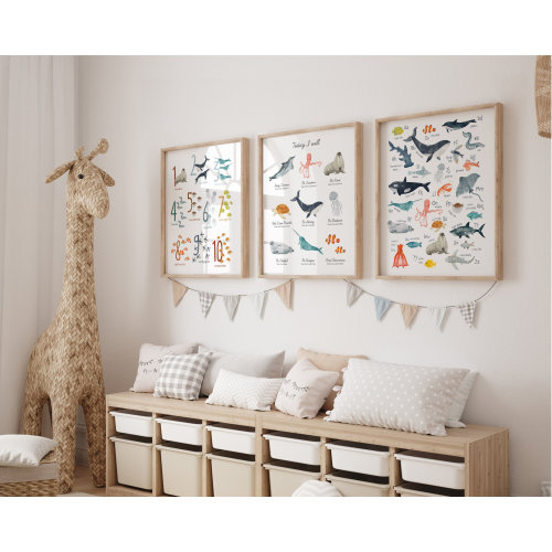 Ocean Nursery Prints Set of 2 or 3 , Children's Art Prints, Sea Animals Alphabet Wall Art Bundle, Posters for Baby Boys and Girls Room