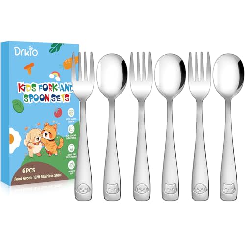 DRKIO Stainless Steel Toddler Utensils Set - 6 Pieces Kids Silverware Set Children Safe Food Grade Small Forks and Spoons Dishwasher Safe Mirror Polished