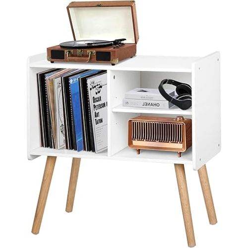 Mid-Century Record Player Stand, Vinyl Record Cabinet Holder with Storage Up to 100 Albums, Record Player Table for Living Room Bedroom Office, Turntable Stand with Wood Legs, White