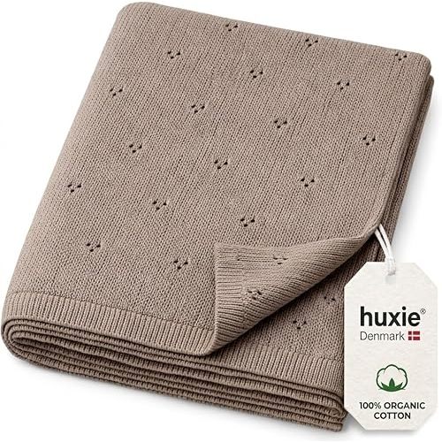 Huxie 100% Organic Cotton Knit Receiving Baby Blanket for Newborns - Soft, Breathable Blanket for Crib & Stroller - Nursery Gift (Mochachino)