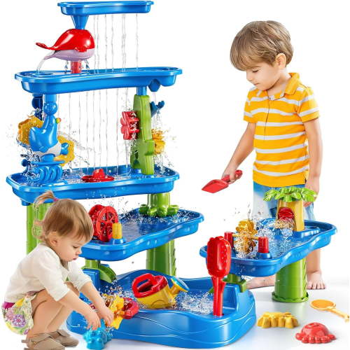 JoyStone Kids Water Table, 5-Tier Outdoor Sensory Play Table with Stools & Drainage Hole, 30.1" Tall, Summer Backyard Beach Toys for Kids Age 4-8