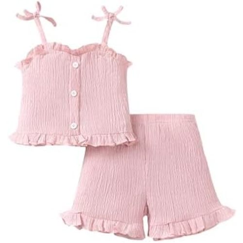 Mioglrie Toddler Baby Girl Summer Clothes Infant Outfits Cute Ruffle Sleeveless Shirt Halter Top 2 Piece Short Set
