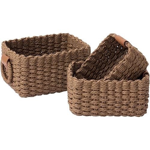 LA JOLIE MUSE Woven Storage Baskets, Recycled Paper Rope Bin Organizer Divider for Cupboards Drawer Closet Shelf Dresser, Set of 3 (Brown)