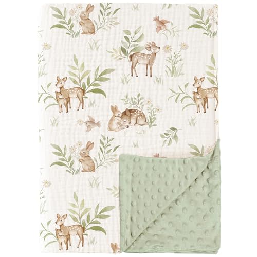 Konssy Baby Blankets for Unisex Boys Girls, Super Soft Nursery Minky Blankets with Muslin Cotton Front and Dotted Fleece Backing, Printed Bed Throws Newborn