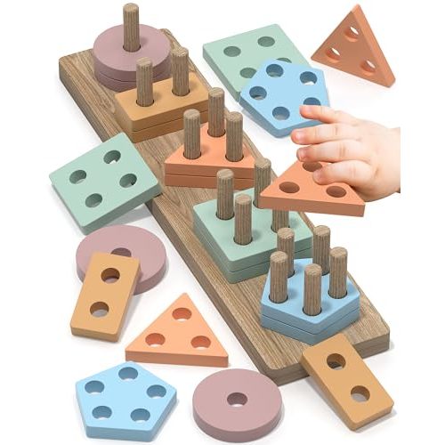 Walenced Montessori Toys for 1 2 Year Old Girl Boy, Toddler Toys 1 2 Year Old Girl Boy Birthday Gifts, Education Toddler Puzzles for Wooden Stacking Block Ages 1-3 2-4