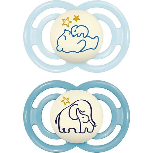 MAM Perfect Night Baby Pacifier, Patented Nipple, Glows in the Dark, 2 Pack, 6-16 Months, Boy (Design May Vary)