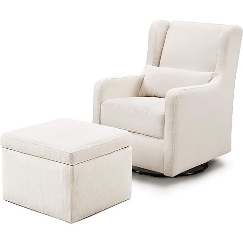Carter's by DaVinci Adrian Swivel Glider with Storage Ottoman in Performance Cream Linen, Water Repellent and Stain Resistant, Greenguard Gold & CertiPUR-US Certified