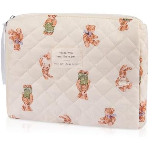 Floral Makeup Bag, Small Cosmetic Bag for Women Girls, Cute Cotton Makeup Bag, Quilted Makeup Bags, Flower Travel Toiletry Organizer Bag (White Bear)