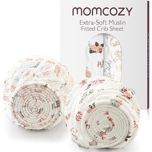 Momcozy Best Wishes Muslin Fitted Mini Crib Sheets, 38''x26'', 2 Pack Soft Breathable Natural Cotton Baby Mattress Sheet, 360° Mattress Wrapping Boys Girls Neutral Toddler Bed Sheet, Farming Joy
