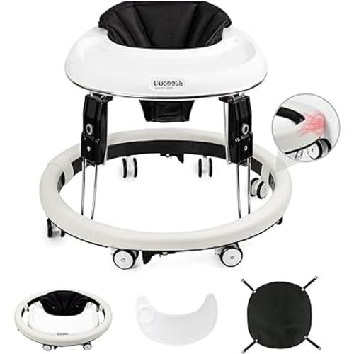 Baby Walker with Wheels, Anti-Collision Design One-Touch Folding Baby Walker, Anti-Roll 8-Wheel Round Chassis, 7-Gear Height Adjustable, with Large Dinner Plate and Brake for Baby from 6-18M