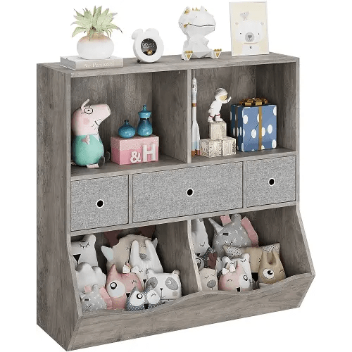 Alkmaar Kids Bookshelf and Bookcase Toy Storage Multi Shelf with Cubby Organizer Cabinet and Drawers for Boys Girls for Children's Room Playroom Hallway Bedroom (Grey)