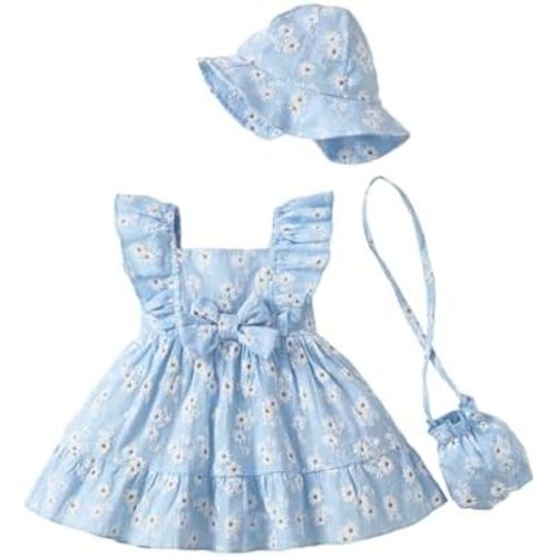 Renotemy Newborn Infant Baby Girl Dresses Summer Outfits Boho Casual Sundress Gifts Toddler Clothes for Girl with Hat and Bag