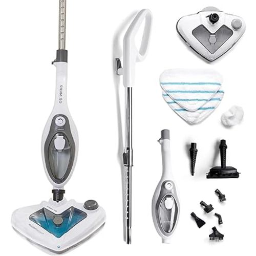 Steam and Go 10-in-1 Steam Mop - Floor Steamer with Detergent Chamber and Detachable Handle for Tile Grout, Clothes, Furniture, Hardwood, Upholstery, & Carpet, Handheld Steam Cleaner for Home Use