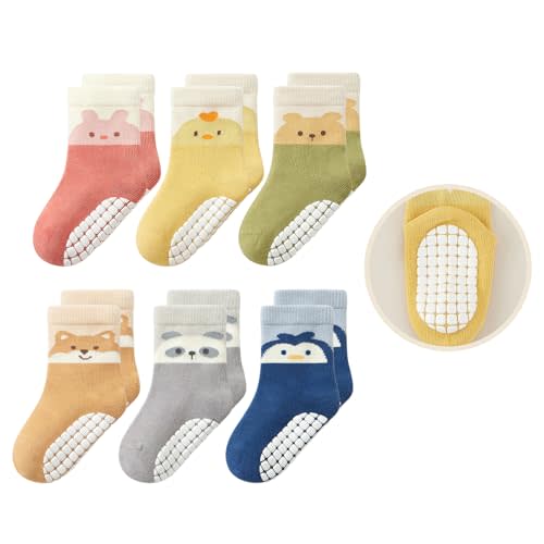 Bearbay 6 Pairs Toddlers Non Slip Socks with Grippers Baby Girls Boys Anti Skid Crew Cotton Socks for Infants Kids Gifts Baby
