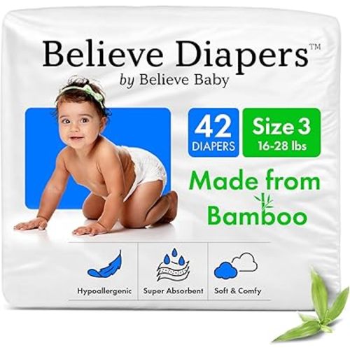 Believe Diapers Size 3 (16-28 Lbs) Viscose Bamboo Diapers 42 Count – Natural Baby Diaper, Chemical Free and Fragrance Free Natural Diaper for Sensitive Skin, Super Absorbent with Leak Protection