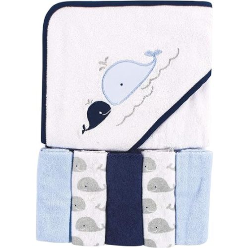 Luvable Friends Unisex Baby Hooded Towel with Five Washcloths, Whale, One Size