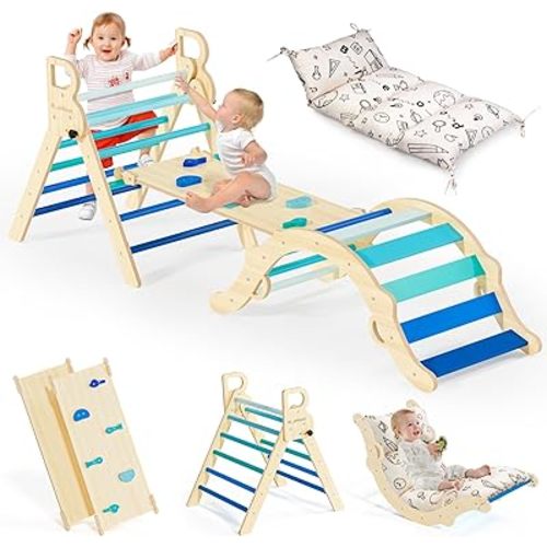 BlueWood Pikler Triangle Set with Cushion, 8-in-1 Climbing Toys for Toddlers, Montessori Philosophy Play Jungle Gym with Arch, Ramp, Ladder(Sky Blue)