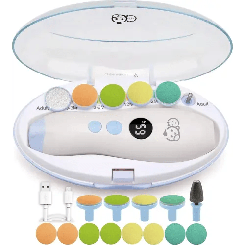Rechargeable 22 in 1 Baby Nail Trimmer, Usage Labeled Case, 13 Extra Replacement Tools, Royal Angels Electric Nail File with LCD display, Newborn Toddler Nail Care Clipper Kit (Rechargeable,WhiteBlue)