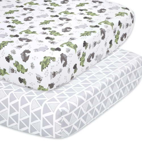 The Peanutshell White and Green and Gray and Multi-color Dinosaur Microfiber Sheet Sets Crib Bed, Deep Pocket and Washable (Count 2)