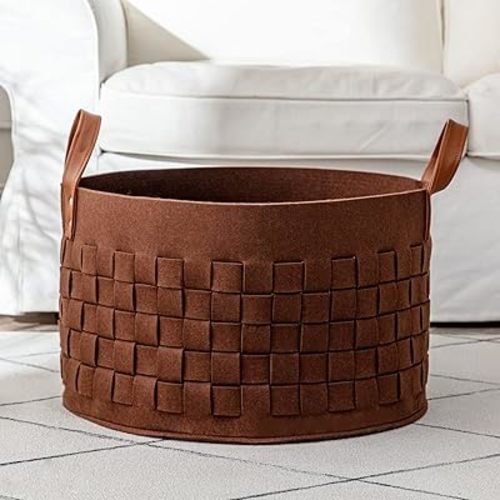 Laundry Basket 20 " x20 x11.8 , Large Felt Fabric Blanket Basket with Leather Handle, Dirt Clothes Laundry Hamper Round for Babies, Dogs and Living Room-Brown