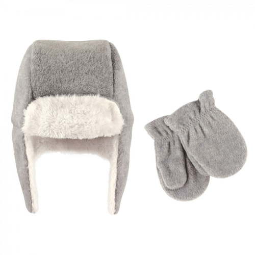 Hudson Baby Infant Fleece Trapper Hat and Mitten 2pc Set, Heather Gray, 0-6 Months