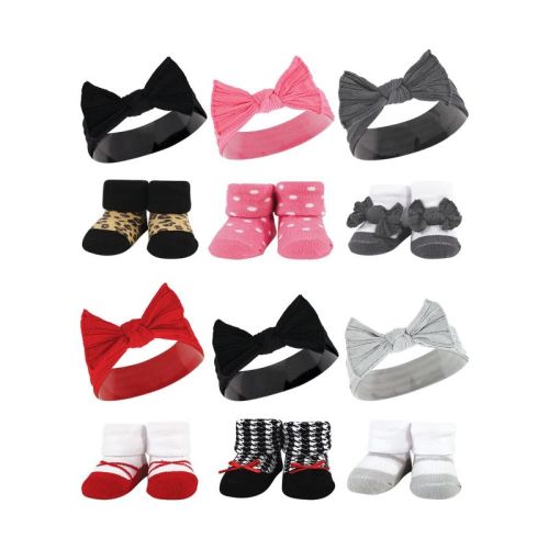 Hudson Baby Infant Girl 12Pc Headband and Socks Giftset, Black Wild Rose Leopard Red Houndstooth Bows, One Size