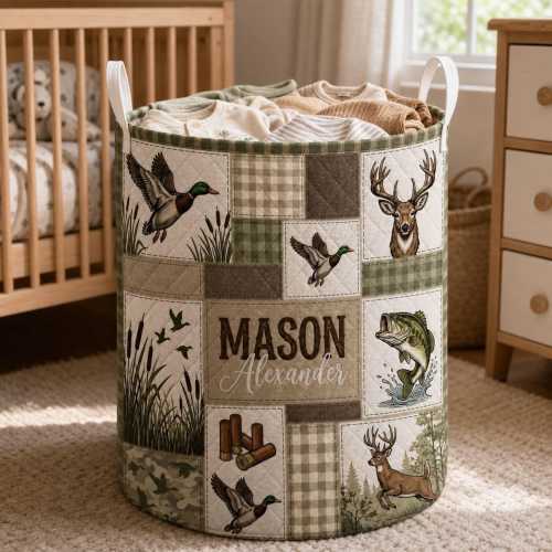 Personalized Hunting Laundry Basket, Deer Duck Fish Quilt Print with Name and Handles